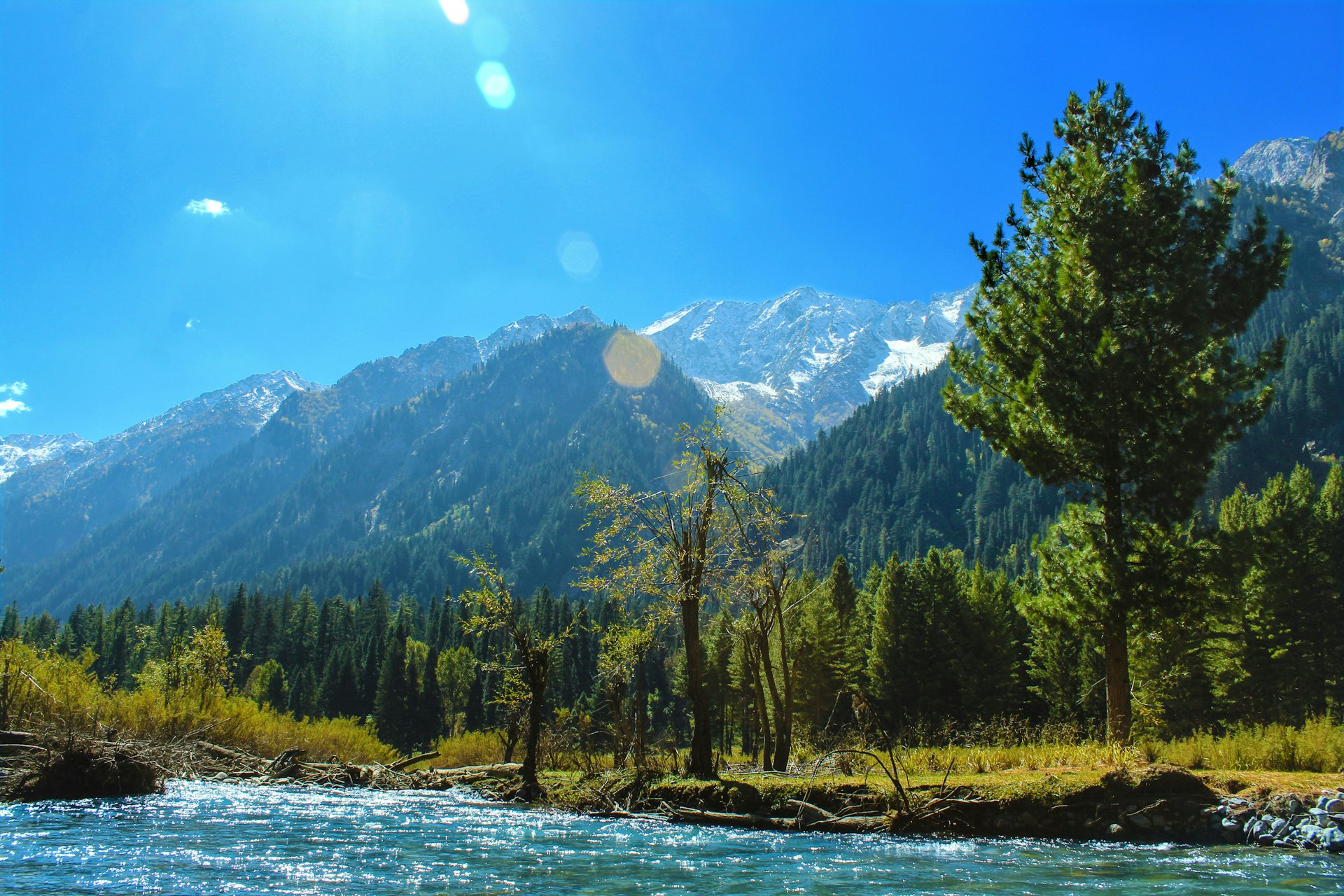 Green trees below mountains near Jahaz Banda